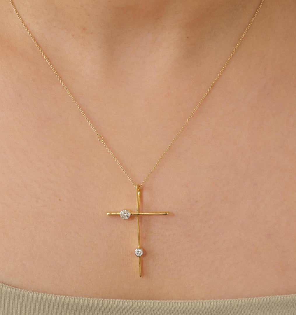 Diamond Cross Pendant, 14k Solid Gold, Natural Diamonds, IGI Certified, Religious Adjustable Necklace, Bezel Everyday Jewelry, Gift For Her