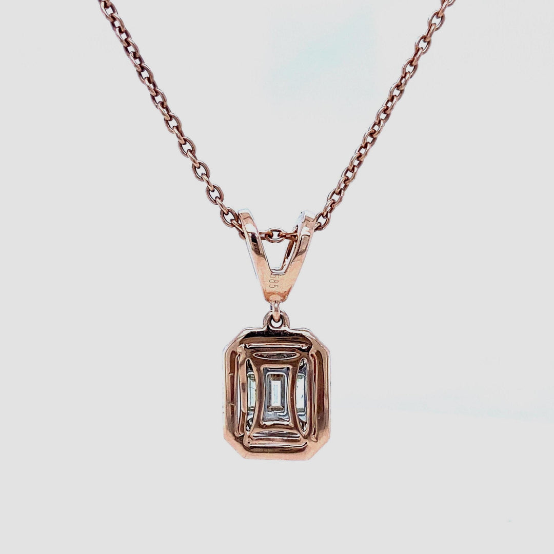 Baguette & Round Pendant Necklace, 14k Solid Gold, Rectangular Illusion and Halo Setting, Natural Diamonds, Ready To Ship, Women&#39;s Day Gift