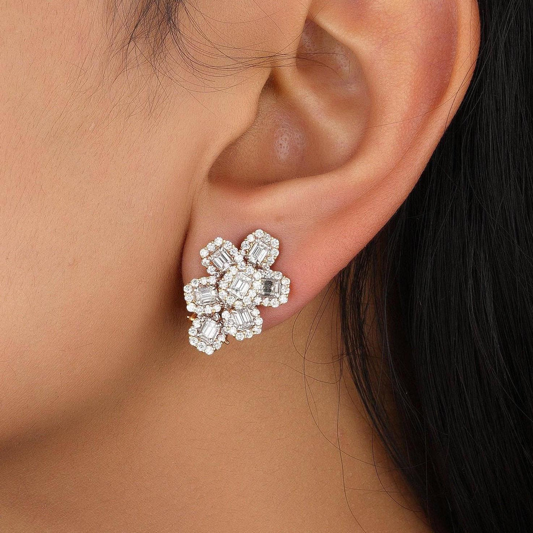 Flower Halo Diamond Huggie Earrings, 14k Solid Gold, Natural Diamonds, Cluster Baguette Cocktail Jewelry, Statement Wedding Earrings