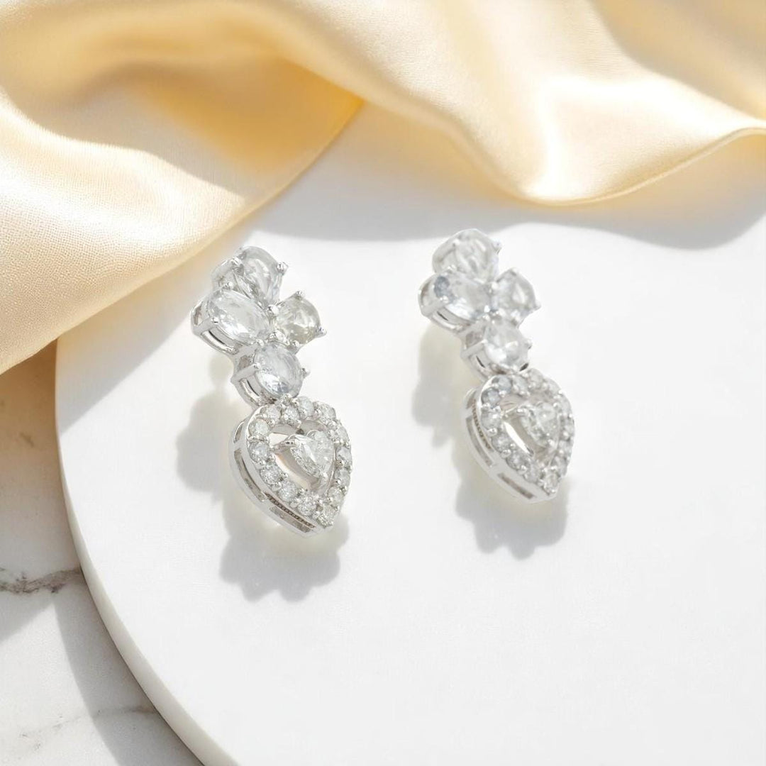 Floral Heart Halo Diamond Studs, 14k Solid Gold, Natural Diamonds, White Sapphire Gemstone Earrings, Statement Jewelry, Bridal Cocktail Stud