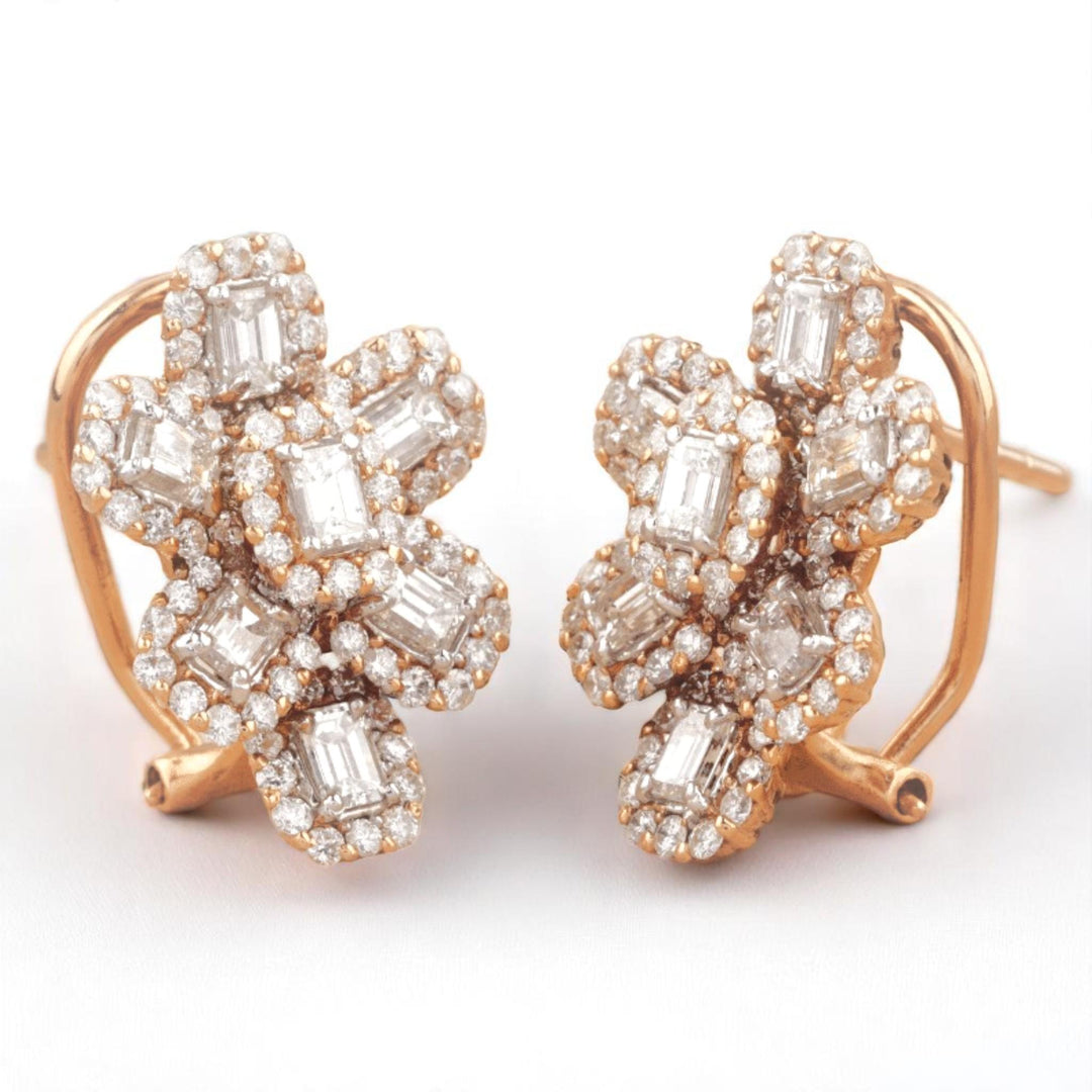 Flower Halo Diamond Huggie Earrings, 14k Solid Gold, Natural Diamonds, Cluster Baguette Cocktail Jewelry, Statement Wedding Earrings