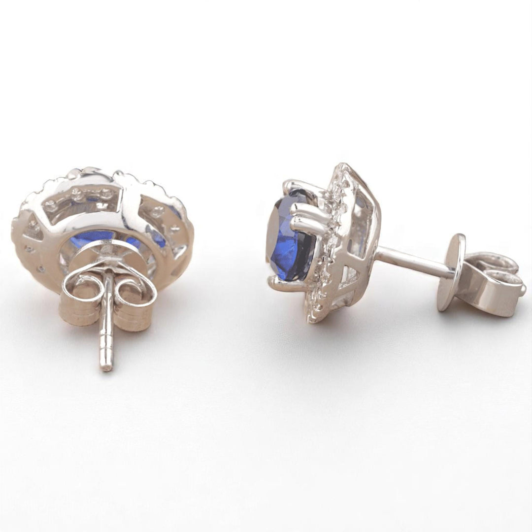 Oval Blue Sapphires Halo Diamond Earrings, 14K Solid Gold, Natural Diamonds, Gemstone Everyday Studs, Bridal Wedding Jewelry