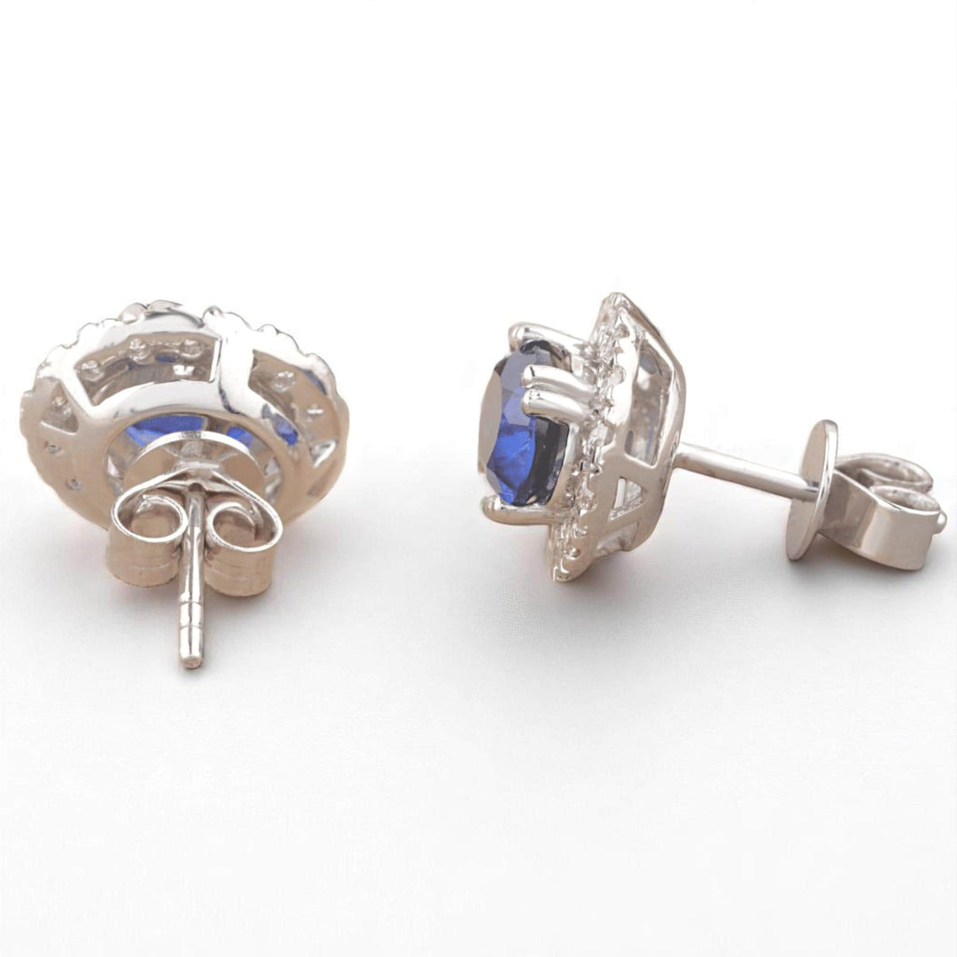 Oval Blue Sapphires Halo Diamond Earrings, 14K Solid Gold, Natural Diamonds, Gemstone Everyday Studs, Bridal Wedding Jewelry