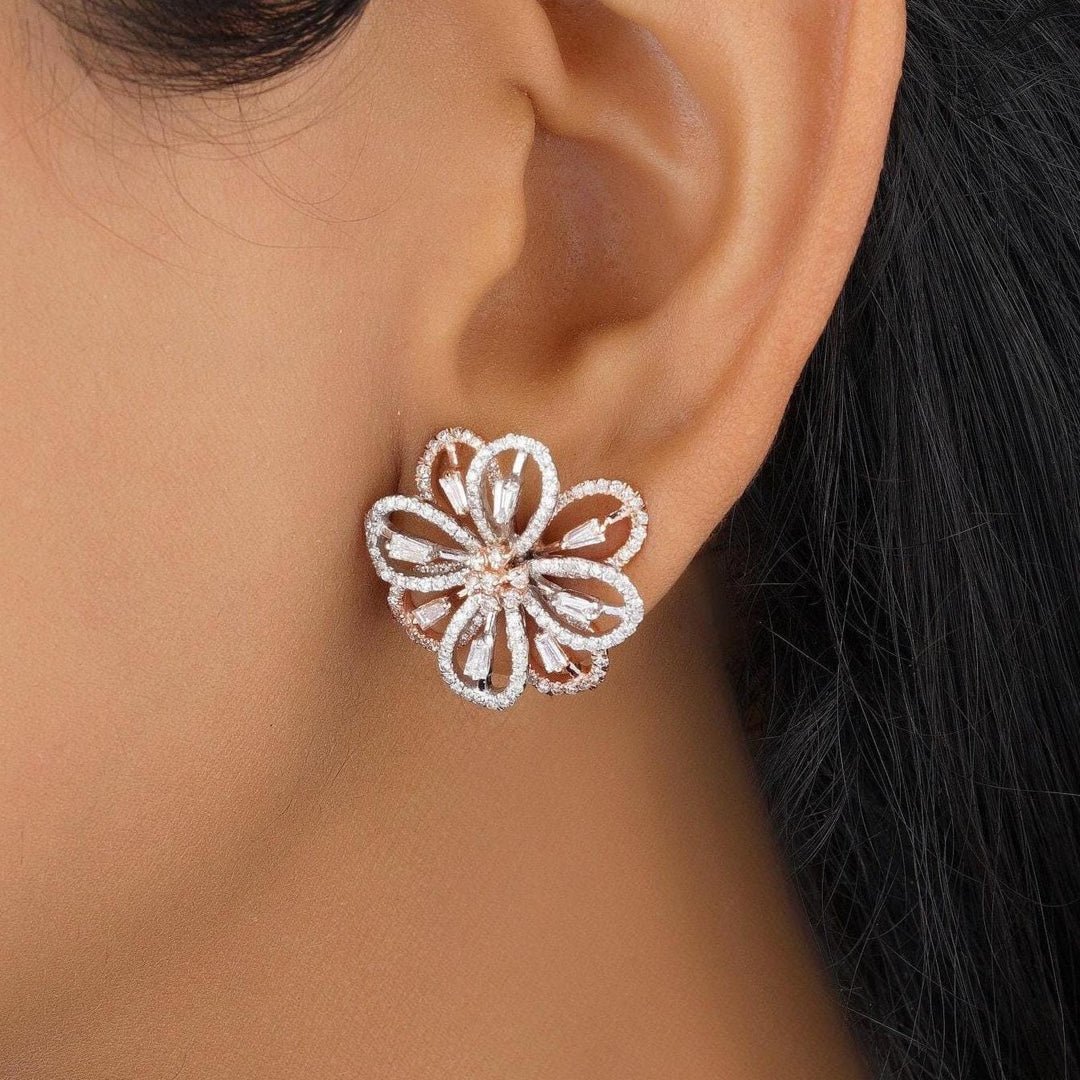 Flower Diamond Stud Earrings, 14k Solid Gold, Natural Diamonds, Fancy Dual Tone Studs, Cocktail Statement Jewelry, Baguette Petal Jewelry