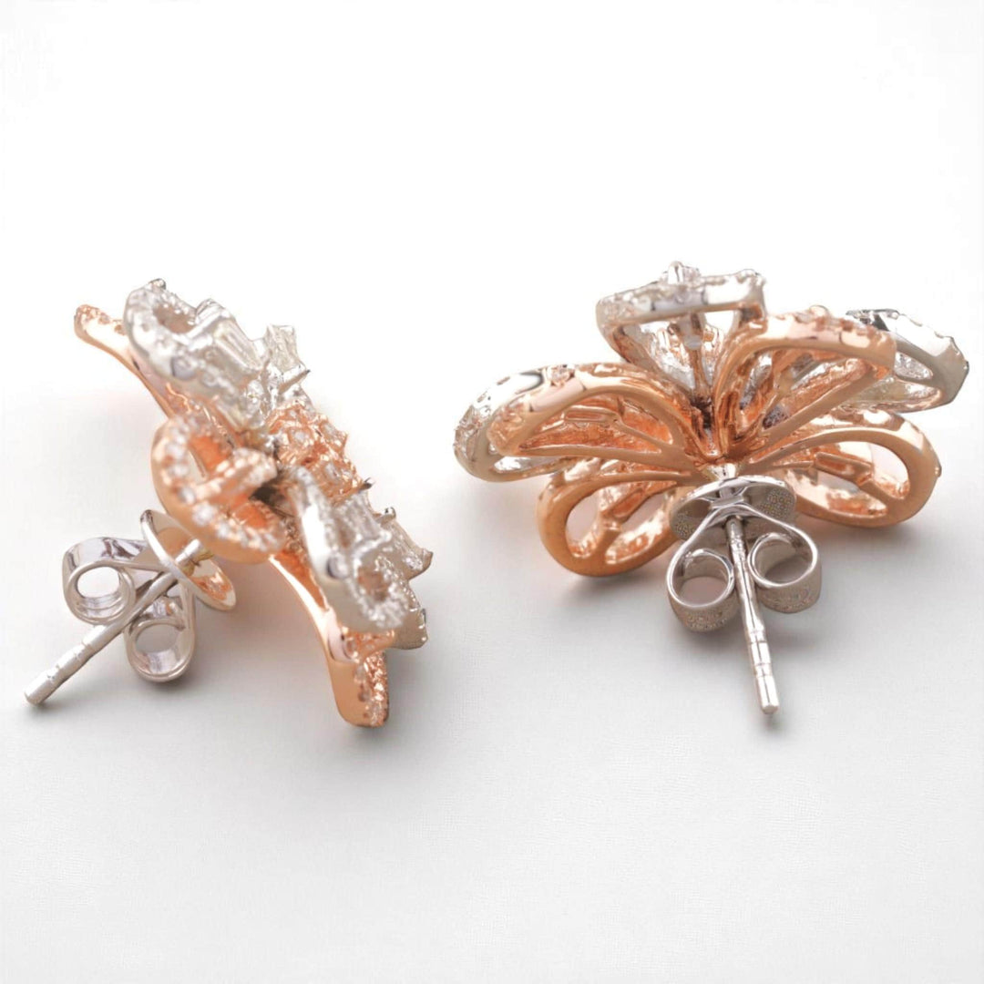 Flower Diamond Stud Earrings, 14k Solid Gold, Natural Diamonds, Fancy Dual Tone Studs, Cocktail Statement Jewelry, Baguette Petal Jewelry