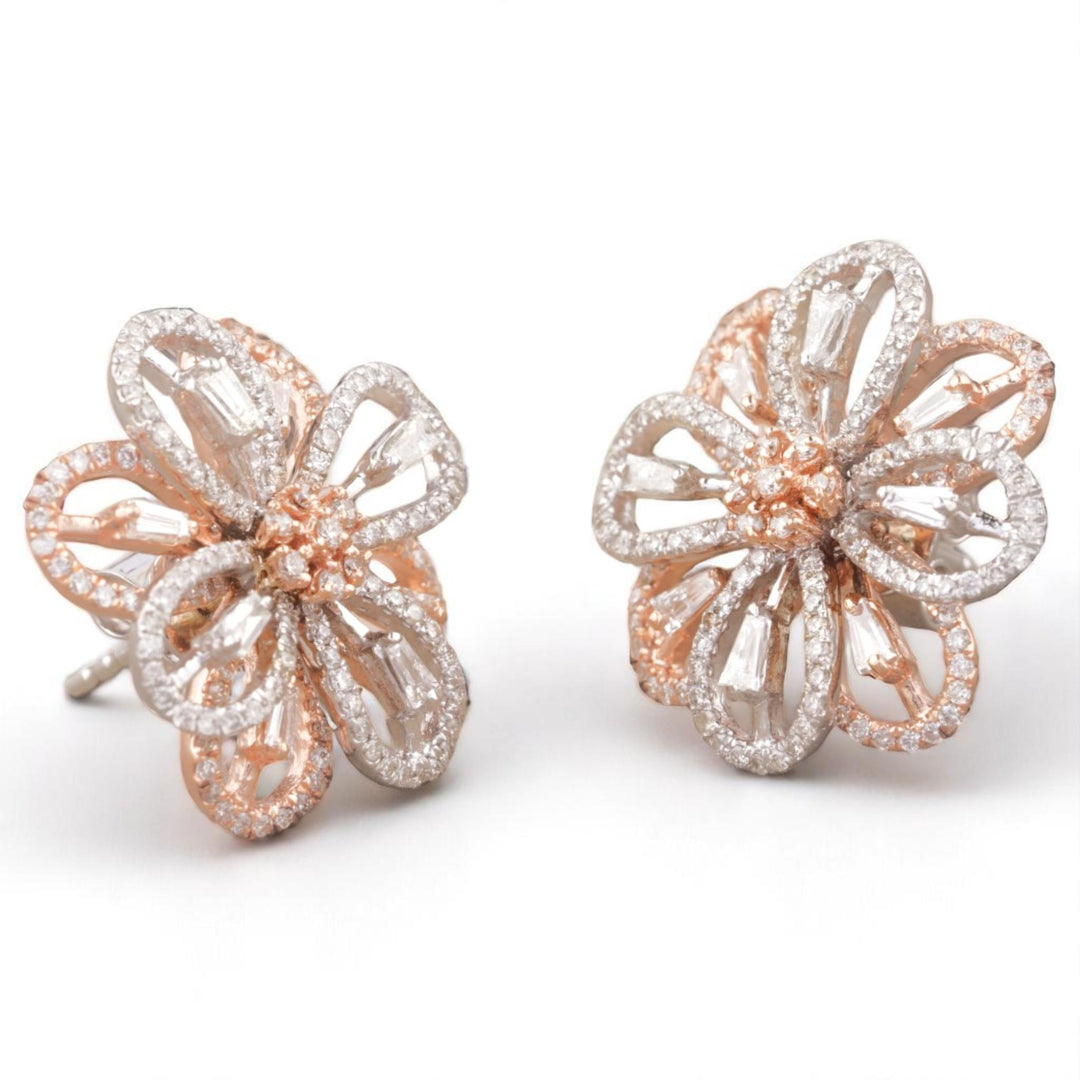 Flower Diamond Stud Earrings, 14k Solid Gold, Natural Diamonds, Fancy Dual Tone Studs, Cocktail Statement Jewelry, Baguette Petal Jewelry