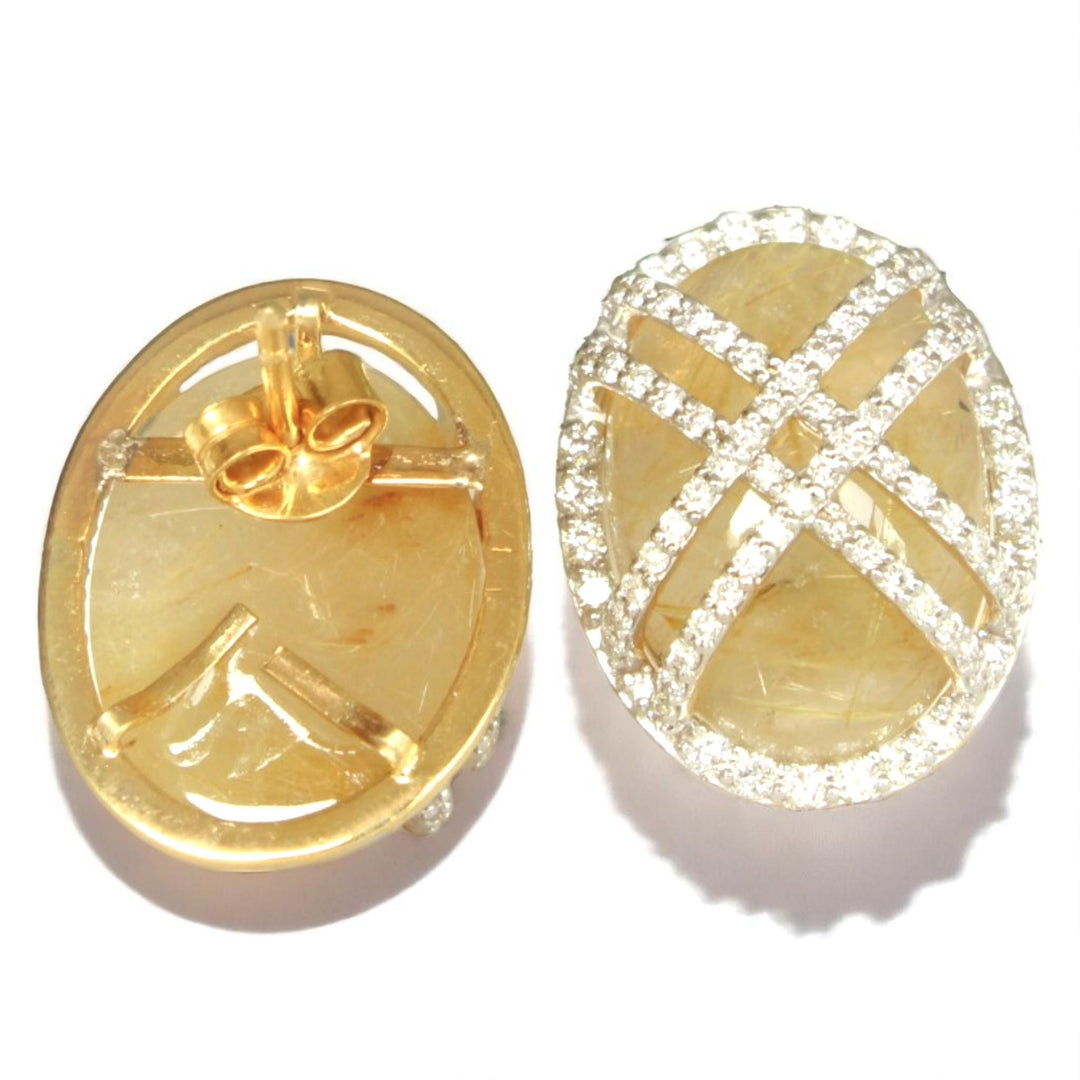 Oval Rutile Quartz Earrings, 14k solid Gold, Natural Diamonds, Golden Gemstone Studs, Crisscross Cabochon Studs, Cocktail Statement Jewelry