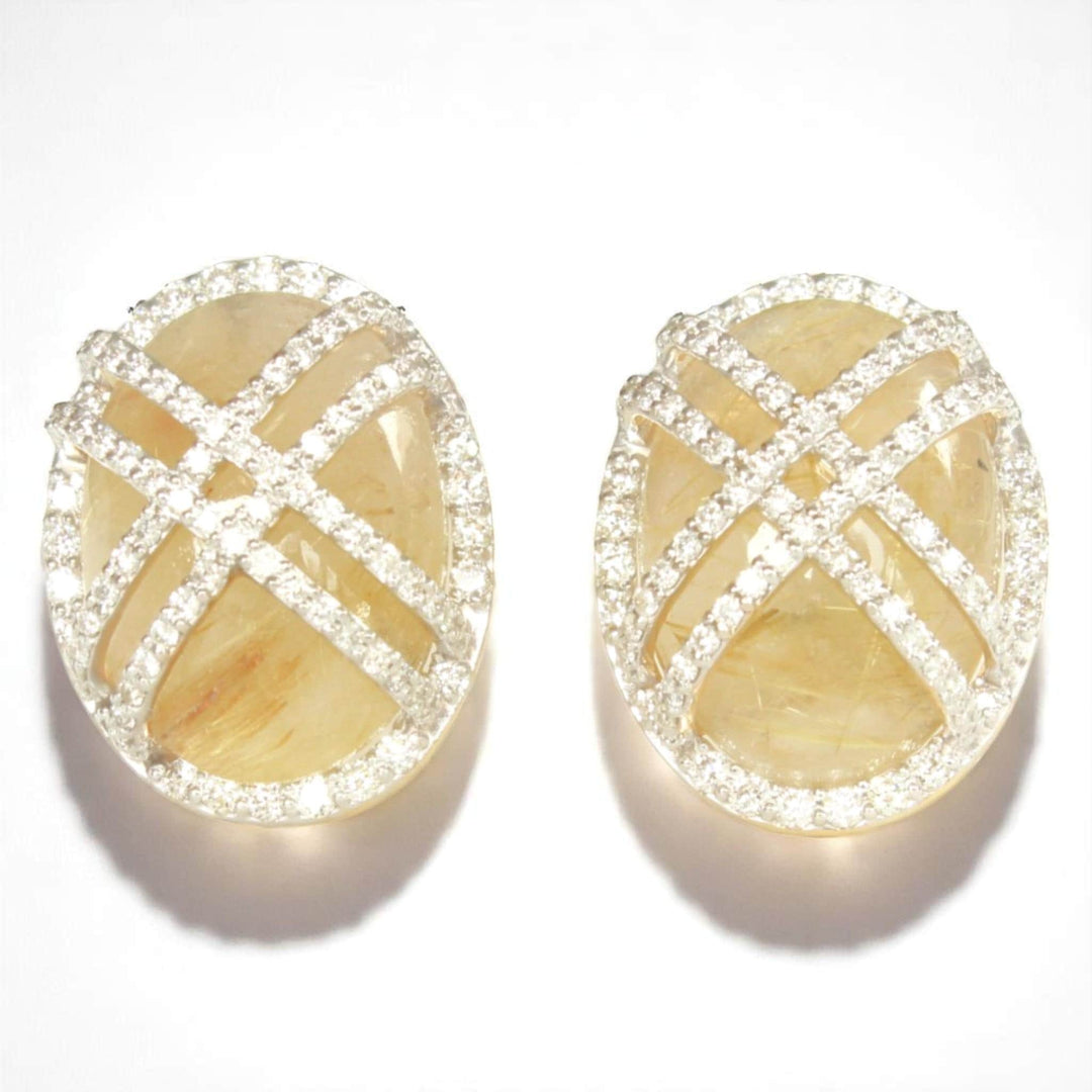 Oval Rutile Quartz Earrings, 14k solid Gold, Natural Diamonds, Golden Gemstone Studs, Crisscross Cabochon Studs, Cocktail Statement Jewelry