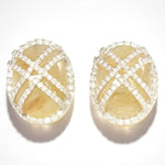 Load image into Gallery viewer, Oval Rutile Quartz Earrings, 14k solid Gold, Natural Diamonds, Golden Gemstone Studs, Crisscross Cabochon Studs, Cocktail Statement Jewelry
