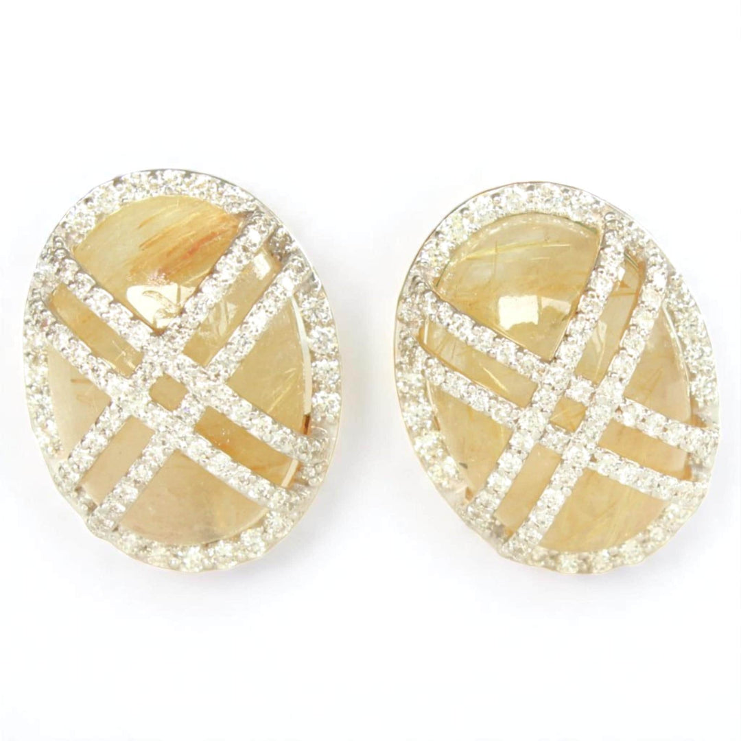 Oval Rutile Quartz Earrings, 14k solid Gold, Natural Diamonds, Golden Gemstone Studs, Crisscross Cabochon Studs, Cocktail Statement Jewelry