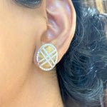 Load image into Gallery viewer, Oval Rutile Quartz Earrings, 14k solid Gold, Natural Diamonds, Golden Gemstone Studs, Crisscross Cabochon Studs, Cocktail Statement Jewelry
