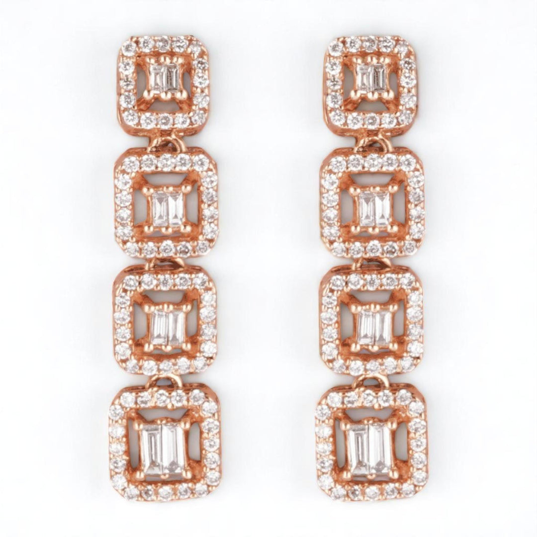 Geometric Diamond Dangle Earrings, 14K Solid Gold, Natural Diamonds, Halo Baguette Square Drop, Cocktail Statement Jewelry