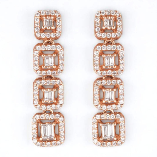 Geometric Diamond Dangle Earrings, 14K Solid Gold, Natural Diamonds, Halo Baguette Square Drop, Cocktail Statement Jewelry