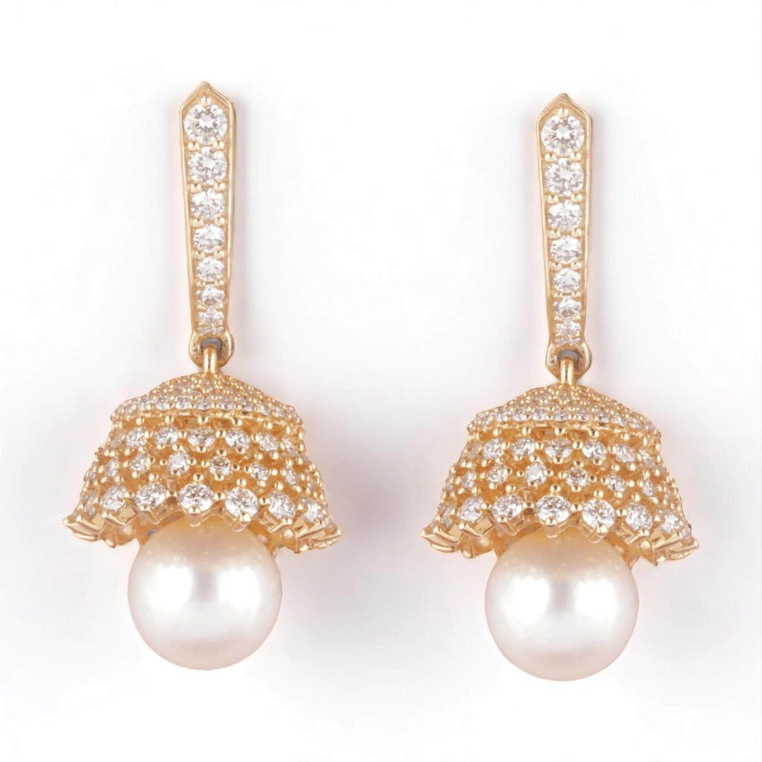 Pearl Drop Diamond Earrings, 14K Solid Gold, Natural Diamonds, Bridal Jhumka Earrings, Dome Drop Statement Jewelry, Cocktail Party Gift