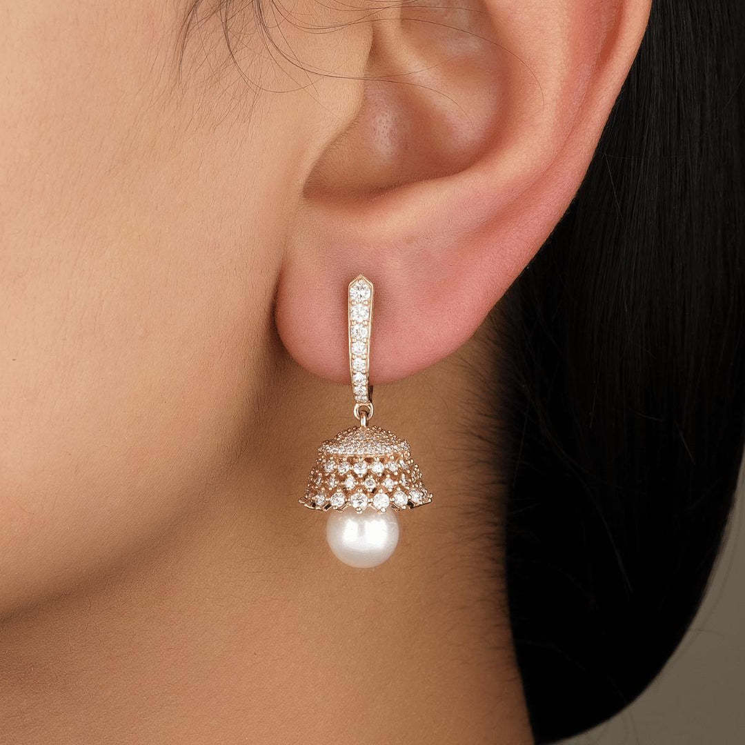 Pearl Drop Diamond Earrings, 14K Solid Gold, Natural Diamonds, Bridal Jhumka Earrings, Dome Drop Statement Jewelry, Cocktail Party Gift
