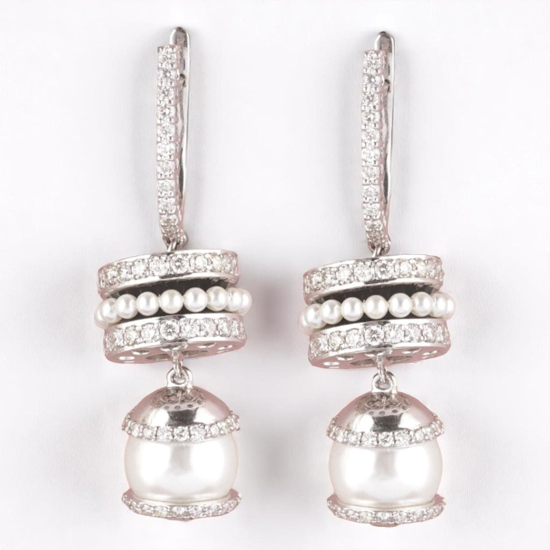 Pearl Drop Diamond Earrings, 14K Solid Gold, Natural Diamonds, Black Enamel Dangle Hoops, Cocktail Statement Earrings, Bridal Jewelry