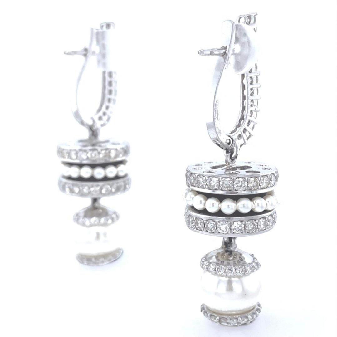 Pearl Drop Diamond Earrings, 14K Solid Gold, Natural Diamonds, Black Enamel Dangle Hoops, Cocktail Statement Earrings, Bridal Jewelry