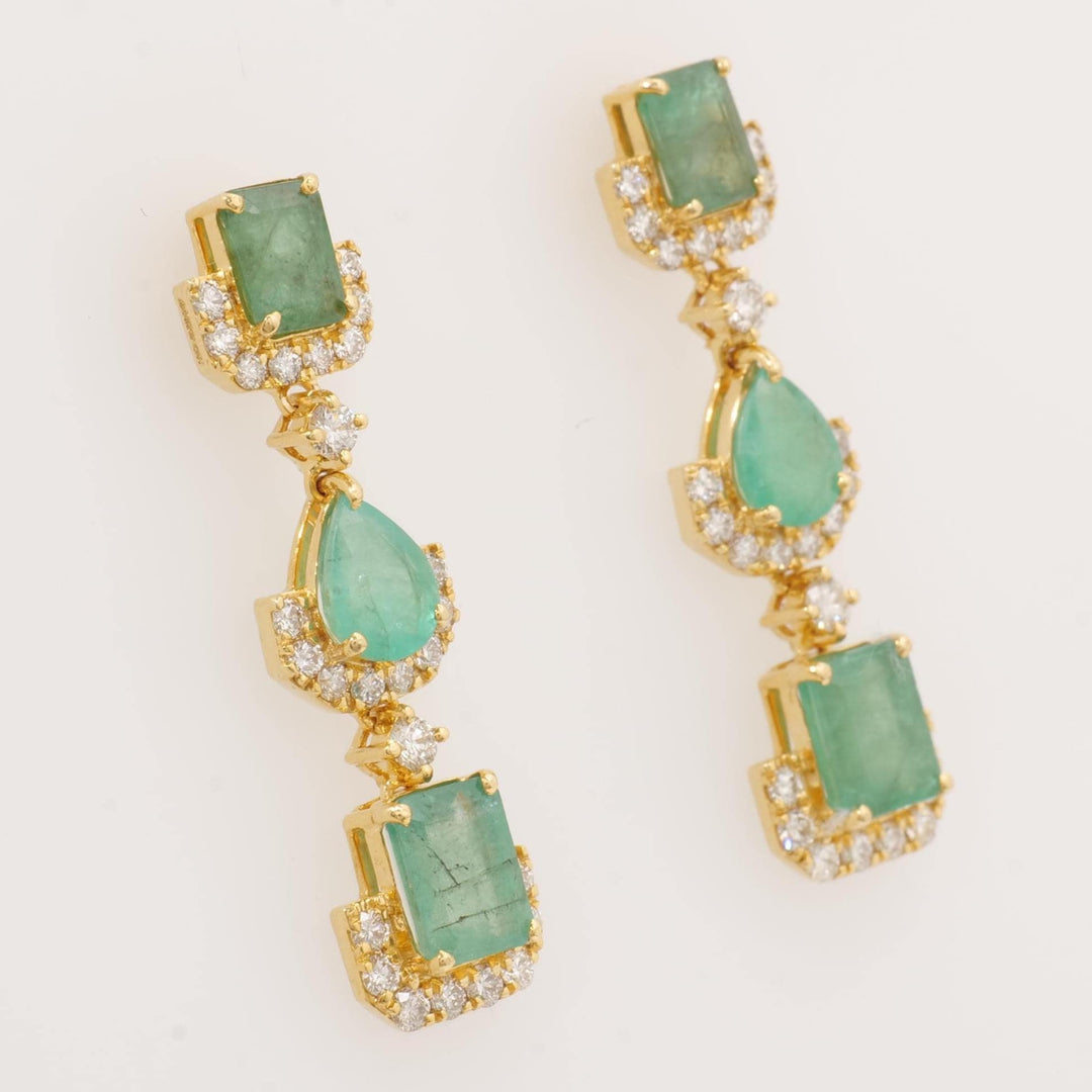 Emerald Dangle Drop Diamond Earrings, 14k Solid Gold, Natural Diamonds, Pear & Emerald Cut Gemstone Earrings, Cocktail Statement Jewelry