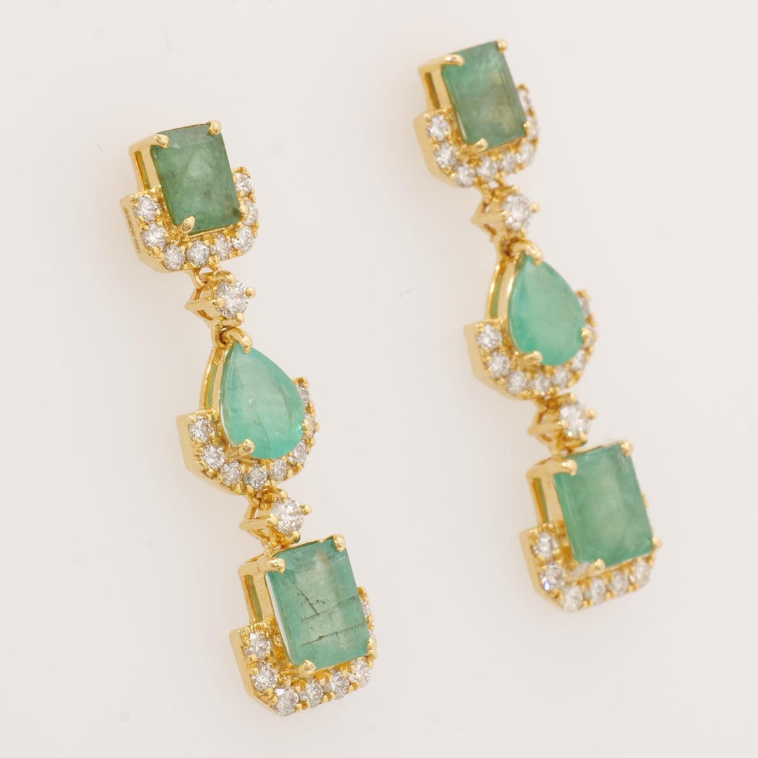Emerald Dangle Drop Diamond Earrings, 14k Solid Gold, Natural Diamonds, Pear & Emerald Cut Gemstone Earrings, Cocktail Statement Jewelry
