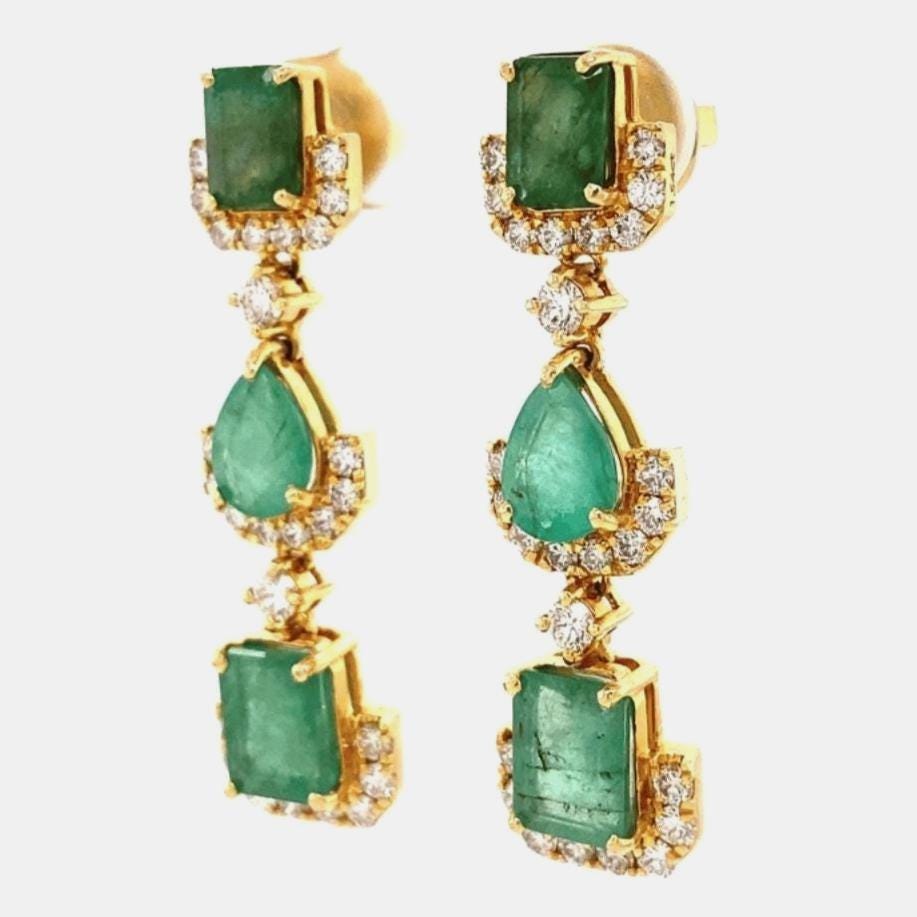 Emerald Dangle Drop Diamond Earrings, 14k Solid Gold, Natural Diamonds, Pear & Emerald Cut Gemstone Earrings, Cocktail Statement Jewelry