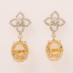 Load image into Gallery viewer, Flower Diamond Citrine Drop Earrings, 14k Solid Gold, Natural Diamonds, Oval Gemstone Cocktail Dangler, Floral Statement Cocktail Earrings
