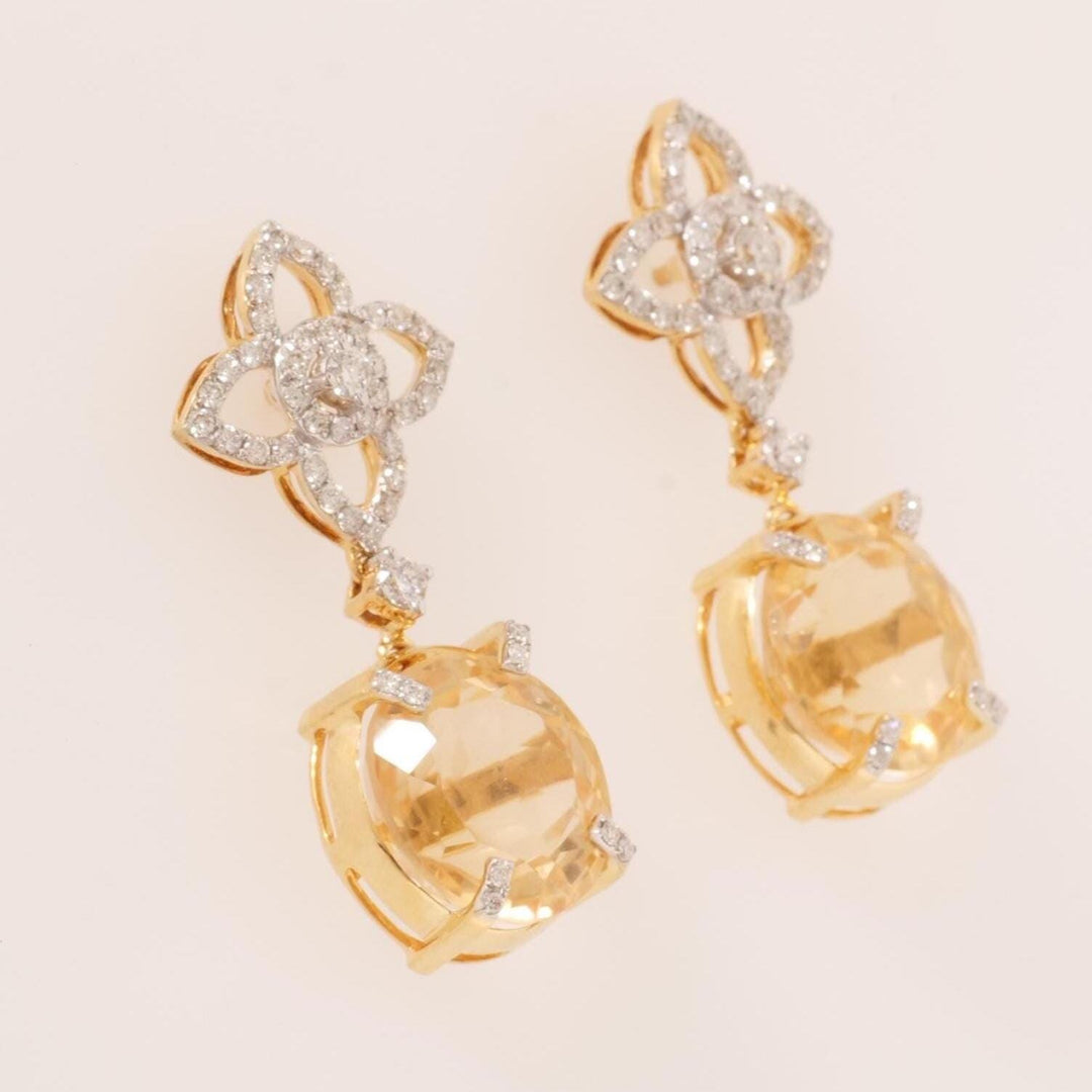 Flower Diamond Citrine Drop Earrings, 14k Solid Gold, Natural Diamonds, Oval Gemstone Cocktail Dangler, Floral Statement Cocktail Earrings
