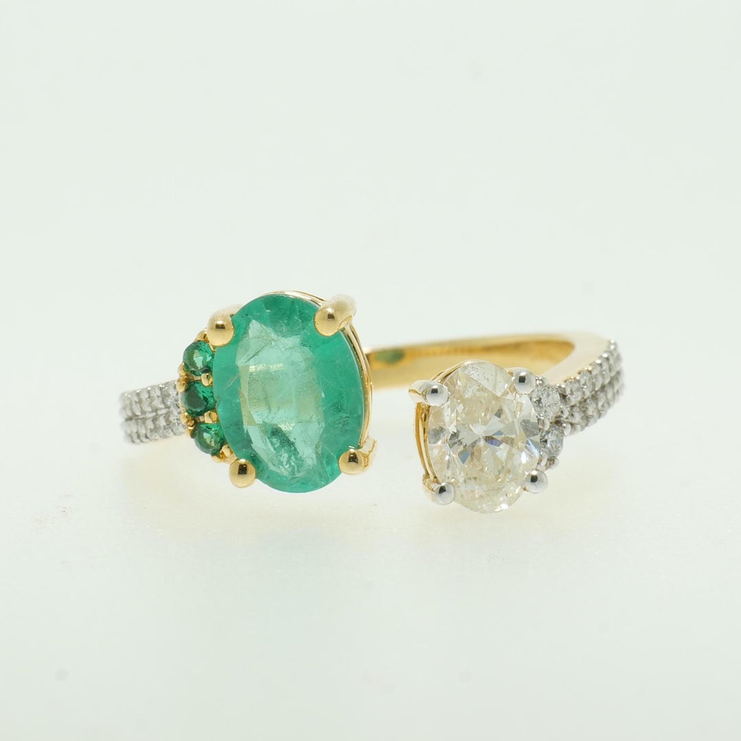 Oval Emerald Diamond Ring, 14k Solid Gold, Natural Diamond, Two Tone Statement Jewelry, Open Cuff Band, Cocktail Gemstone Ring