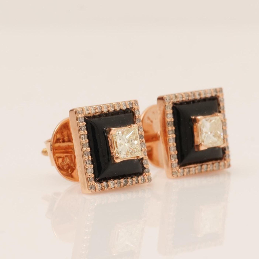 Princess Diamond Stud Earrings with Black Enameling in 14k Solid Gold, Princess & Round Natural Diamonds, Ready To Ship, Women&#39;s Day Gift