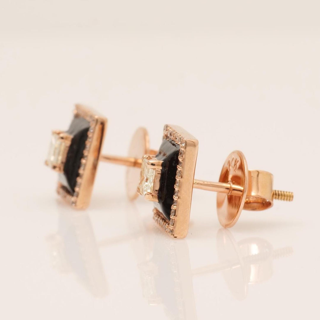 Princess Diamond Stud Earrings with Black Enameling in 14k Solid Gold, Princess & Round Natural Diamonds, Ready To Ship, Women&#39;s Day Gift