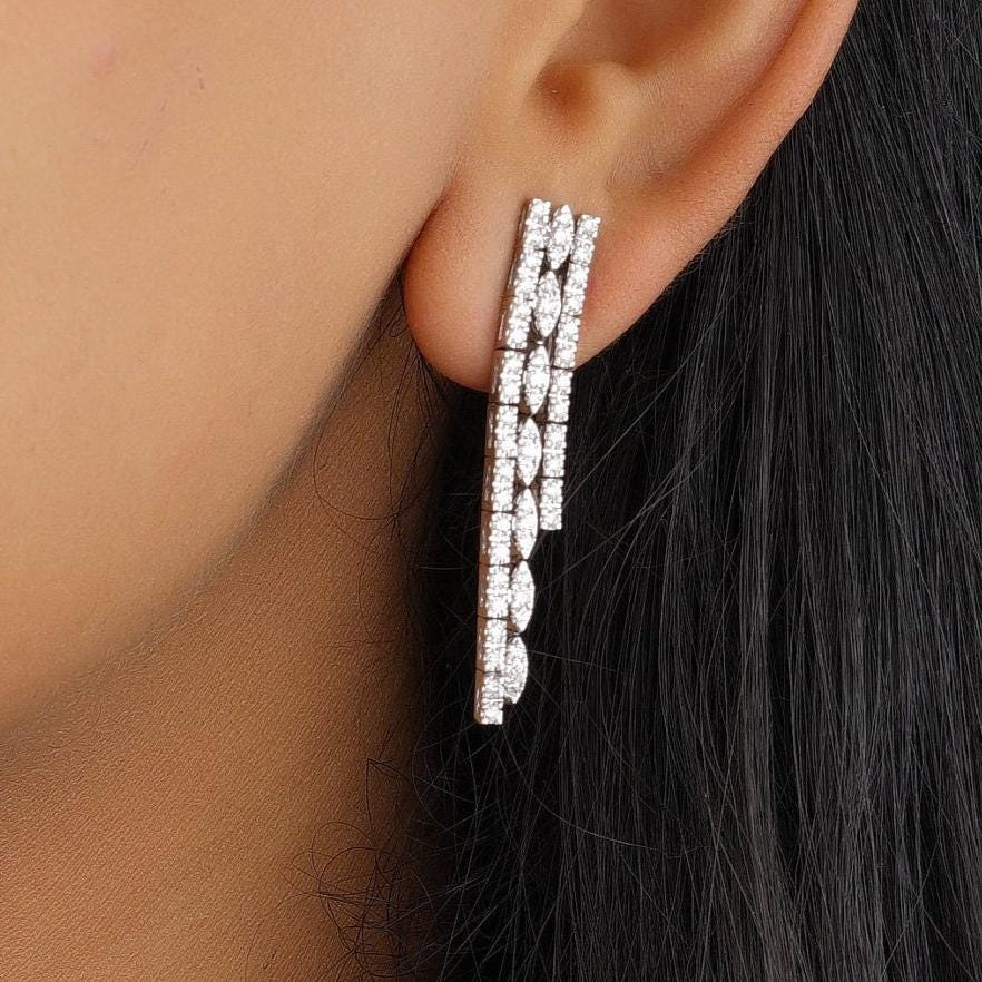 Waterfall Diamond Earrings In 14kt Solid Gold, Asymmetric Triple line Earrings, Natural Diamonds, Ready To Ship, Women&#39;s Day Gift