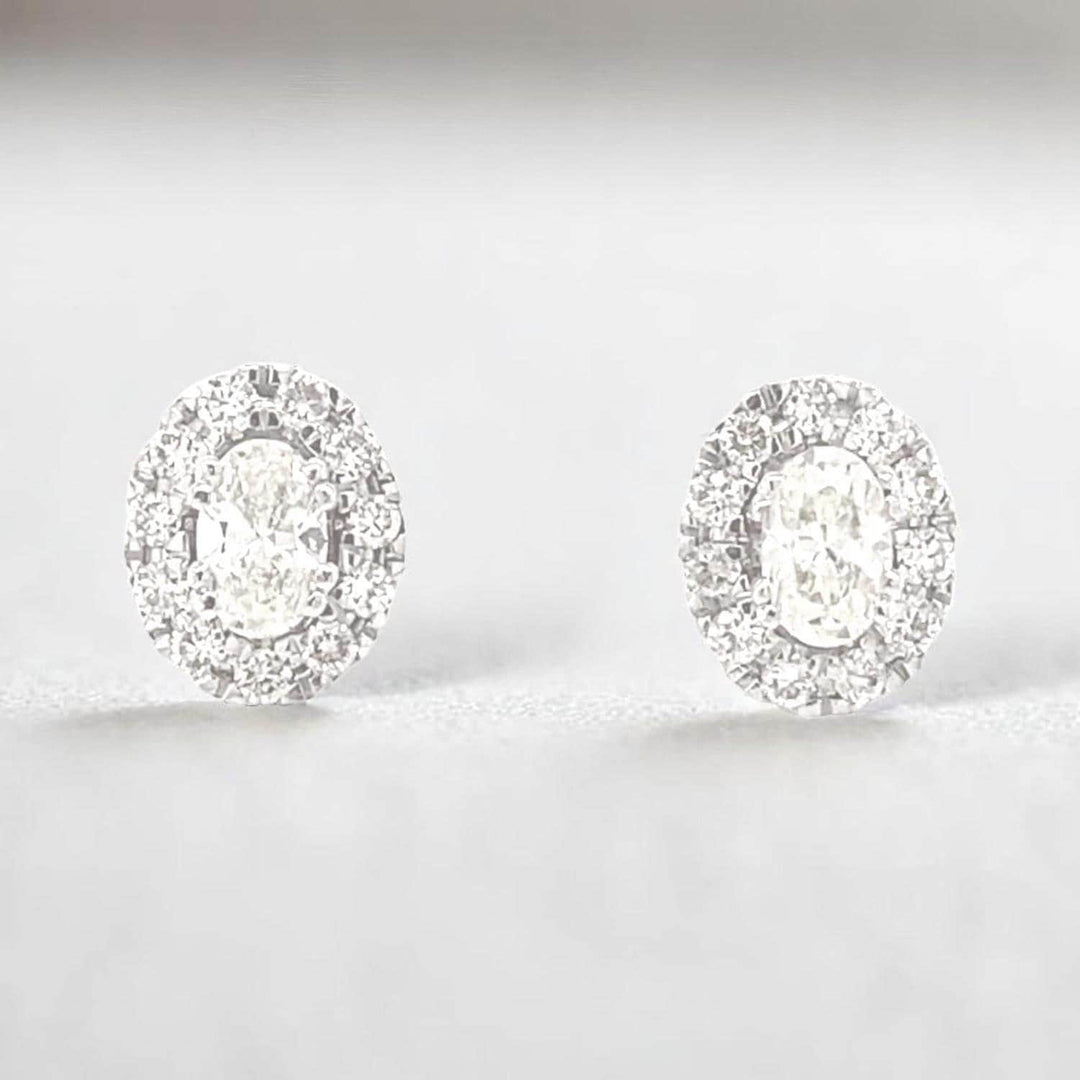 Oval Shaped Diamond Studs with Halos, Solitaire Earrings, 14K Solid Gold, Natural Diamonds, Ready To Ship, Women&#39;s Day Gift