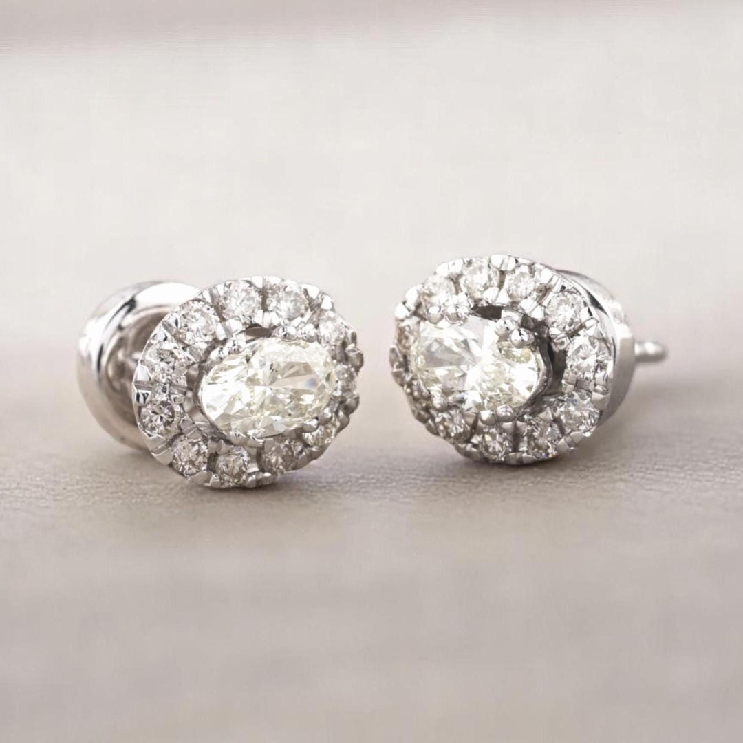 Oval Shaped Diamond Studs with Halos, Solitaire Earrings, 14K Solid Gold, Natural Diamonds, Ready To Ship, Women&#39;s Day Gift