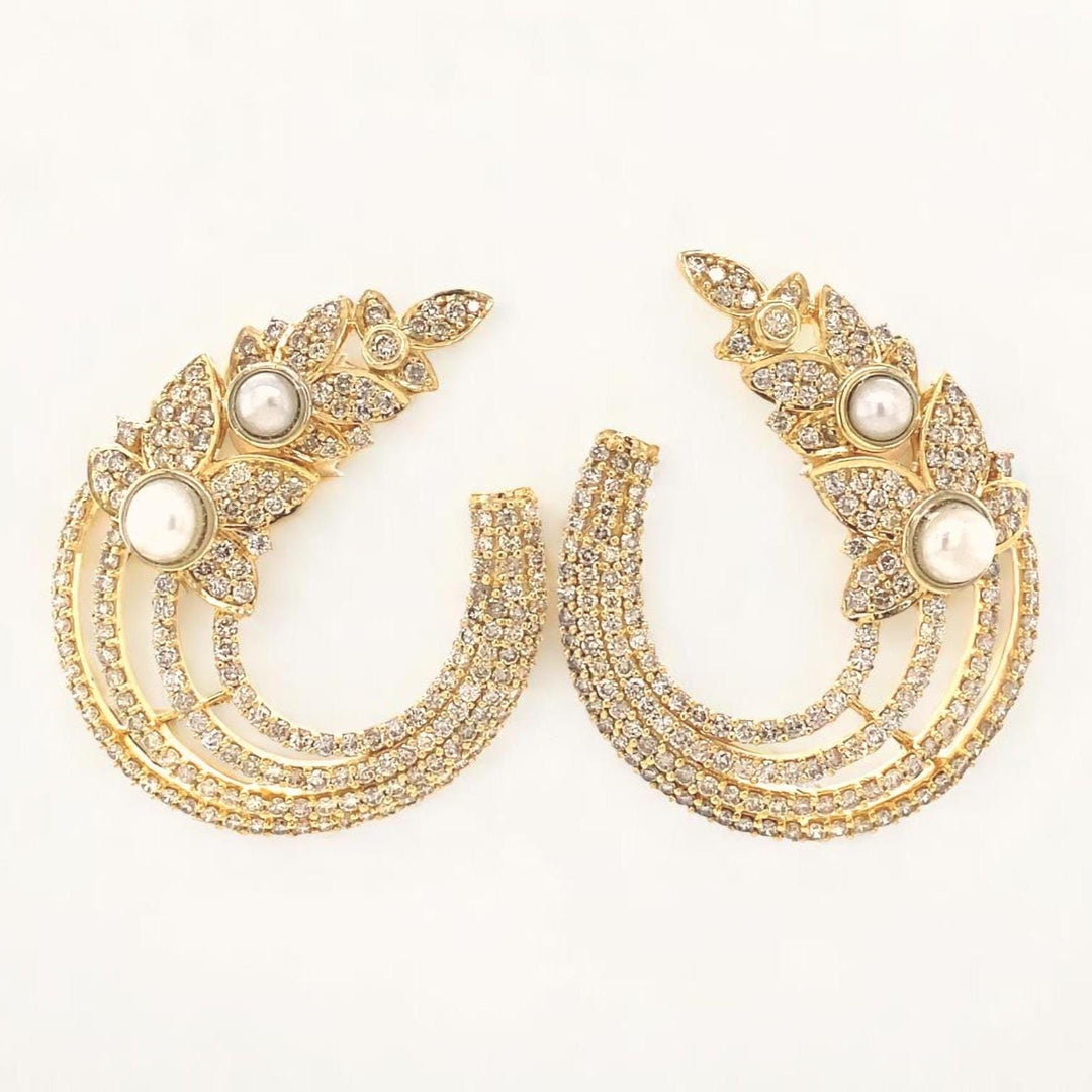 Leaves Stud Pearl Diamond Earrings, Natural Diamonds, Gemstone Earrings In 14k Solid Gold, Ready To Ship, Women&#39;s Day Gift