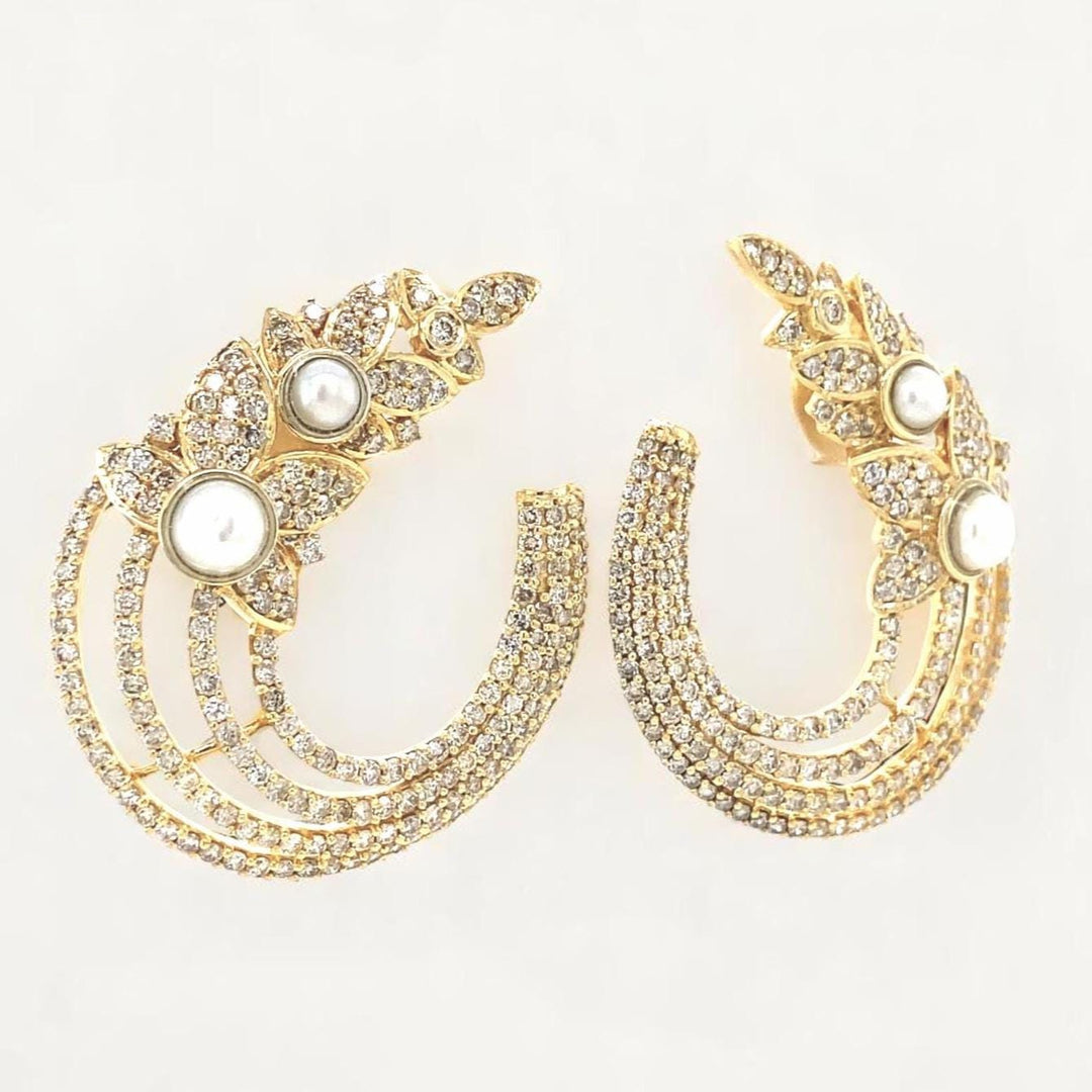 Leaves Stud Pearl Diamond Earrings, Natural Diamonds, Gemstone Earrings In 14k Solid Gold, Ready To Ship, Women&#39;s Day Gift