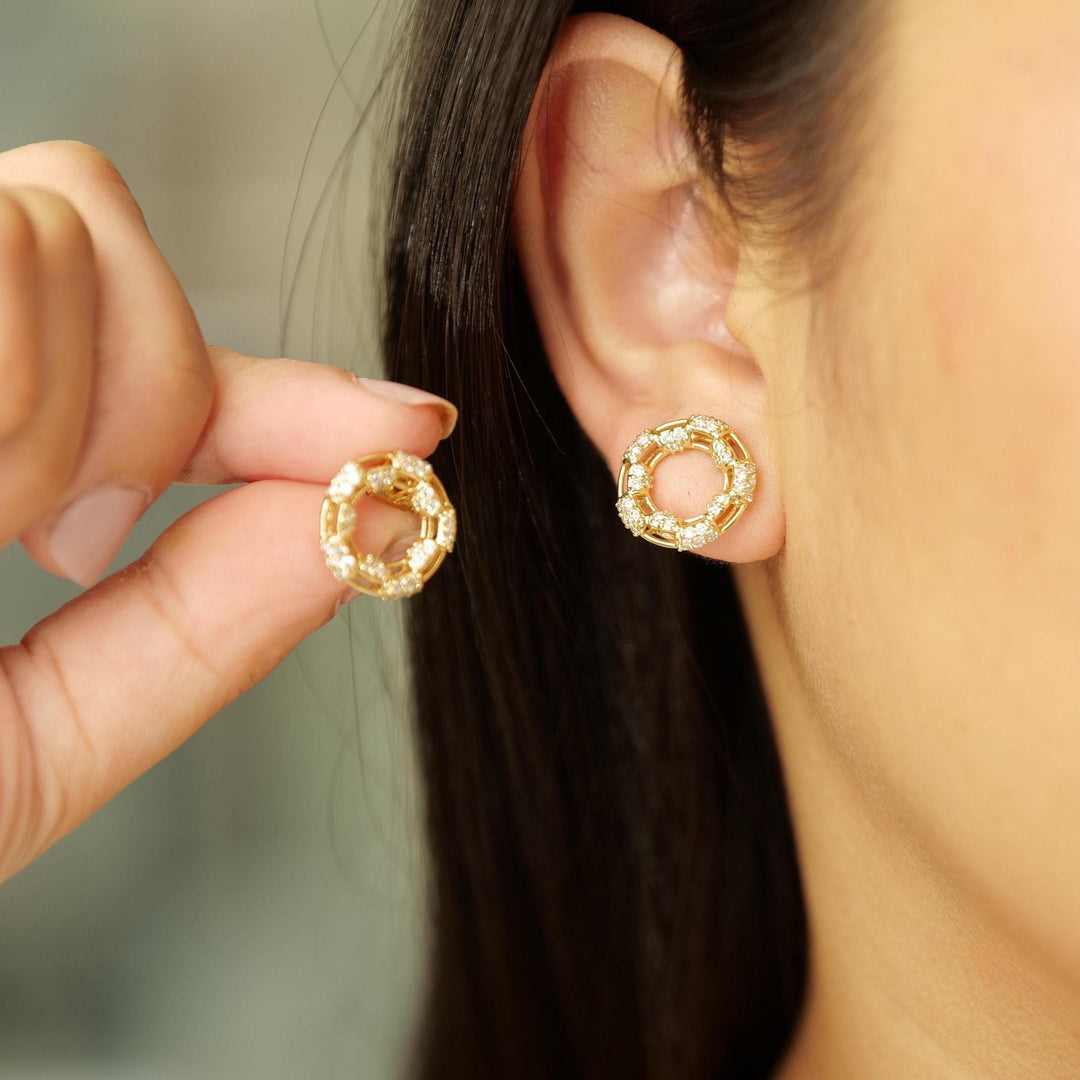 Round Cluster Natural Diamond Earrings: 14K Solid Gold Circular Halo Tube Studs, HRD Certification, Ready To Ship