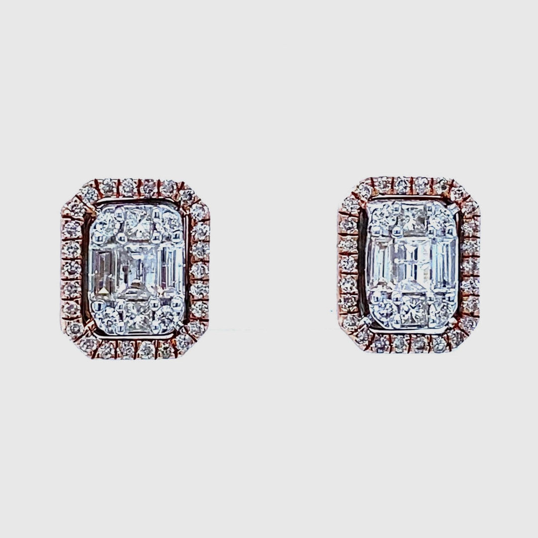 Diamond Halo Earrings, Illusion Setting, 14k Solid Gold, Baguette & Round Natural Diamonds, Everyday Studs, Ready To Ship, Women&#39;s Day Gift