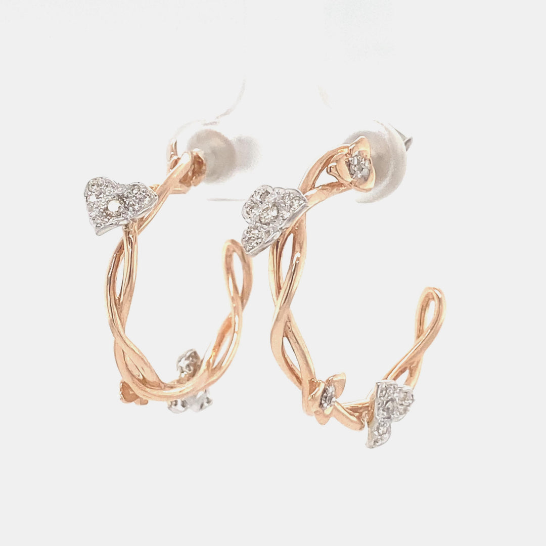 Hoop Vine Diamond Earrings, 14k Solid Gold J Hoops, Flower Natural Diamonds Earrings, Dual Tone, Ready To Ship, Women&#39;s Day Gift