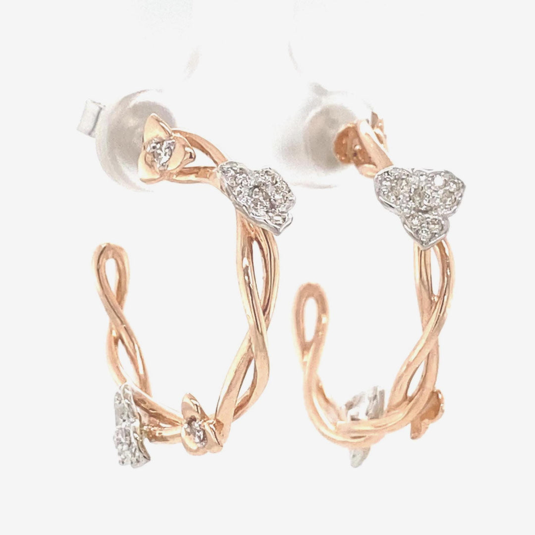 Hoop Vine Diamond Earrings, 14k Solid Gold J Hoops, Flower Natural Diamonds Earrings, Dual Tone, Ready To Ship, Women&#39;s Day Gift
