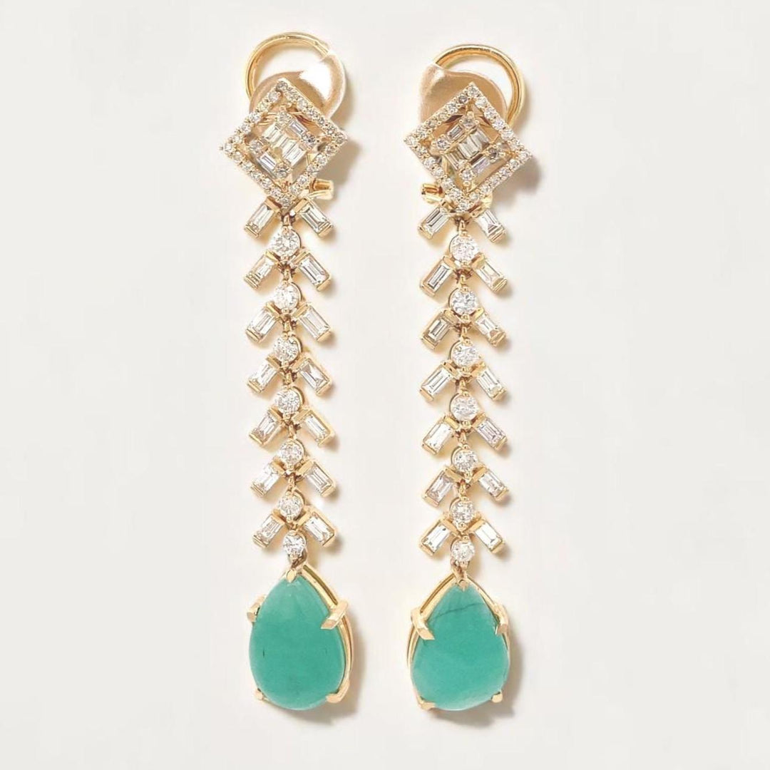Tear Drop Emerald Diamond Dangle Earrings, 14K Solid Gold, Round & Baguette Natural Diamonds, Ready To Ship, Women&#39;s Day Gift