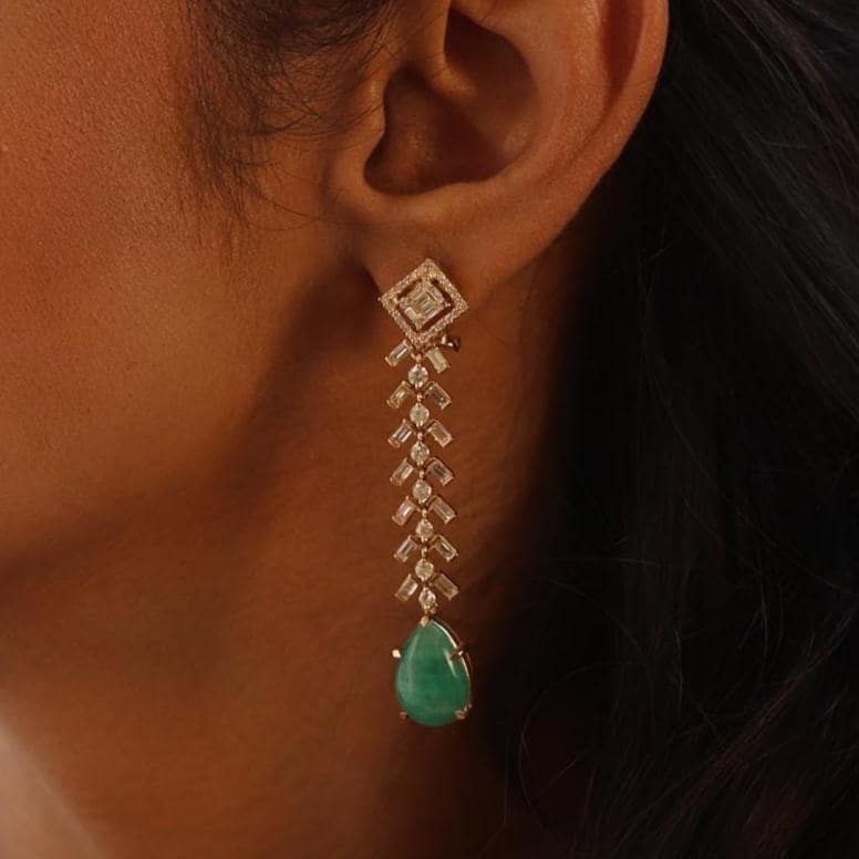 Tear Drop Emerald Diamond Dangle Earrings, 14K Solid Gold, Round & Baguette Natural Diamonds, Ready To Ship, Women&#39;s Day Gift