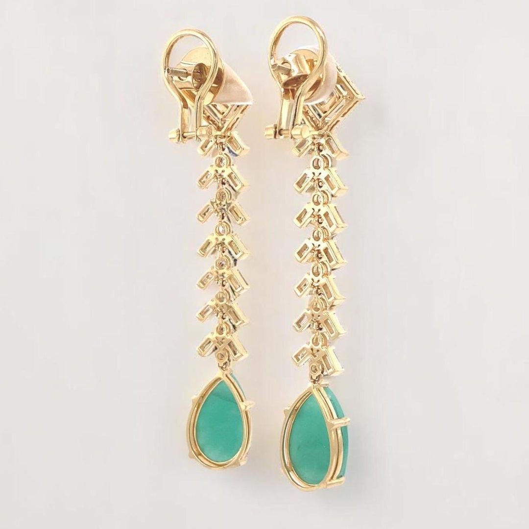 Tear Drop Emerald Diamond Dangle Earrings, 14K Solid Gold, Round & Baguette Natural Diamonds, Ready To Ship, Women&#39;s Day Gift