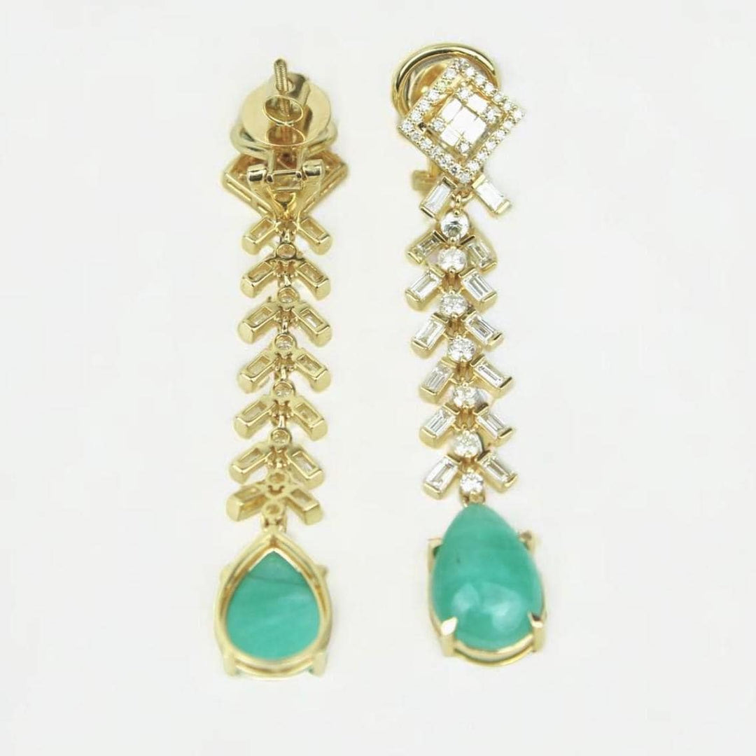 Tear Drop Emerald Diamond Dangle Earrings, 14K Solid Gold, Round & Baguette Natural Diamonds, Ready To Ship, Women&#39;s Day Gift