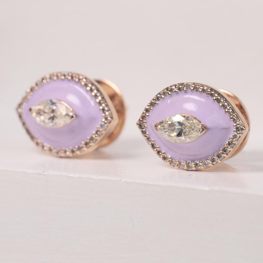 Eye shape Diamond Stud Earrings with Pink Enameling in 14k Solid Gold, Marquise & Round Natural Diamonds, Ready To Ship, Women&#39;s Day Gift