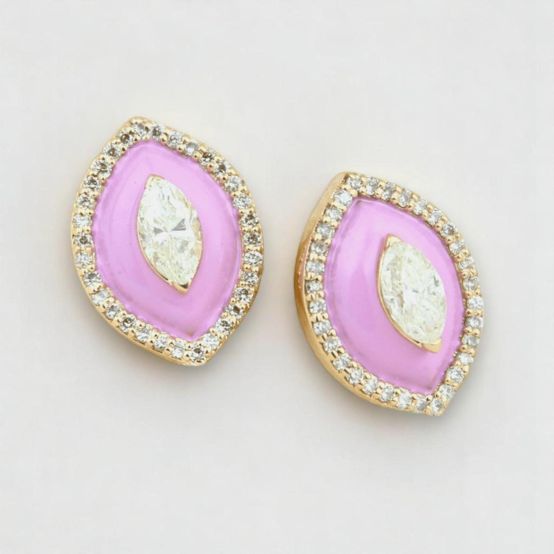 Eye shape Diamond Stud Earrings with Pink Enameling in 14k Solid Gold, Marquise & Round Natural Diamonds, Ready To Ship, Women&#39;s Day Gift
