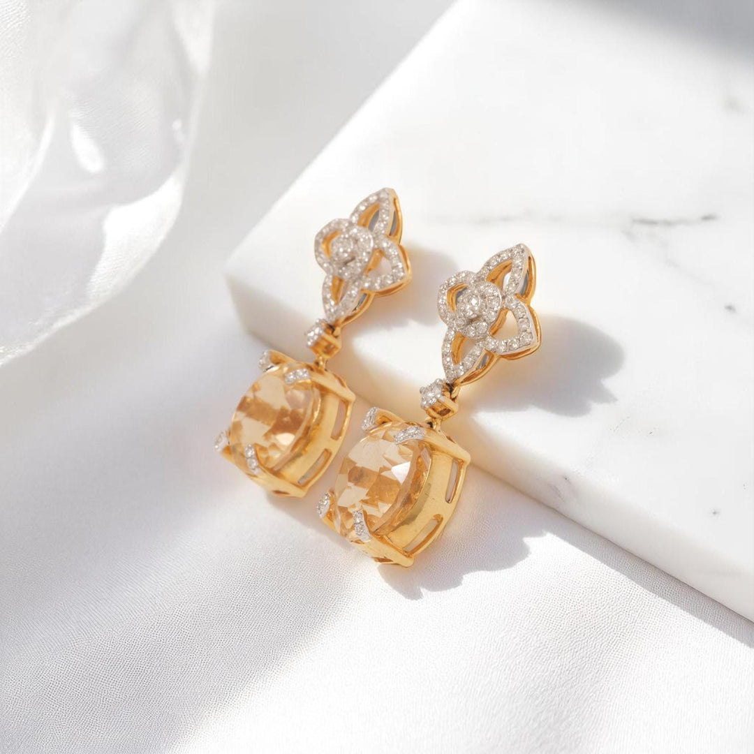 Flower Diamond Citrine Drop Earrings, 14k Solid Gold, Natural Diamonds, Oval Gemstone Cocktail Dangler, Floral Statement Cocktail Earrings