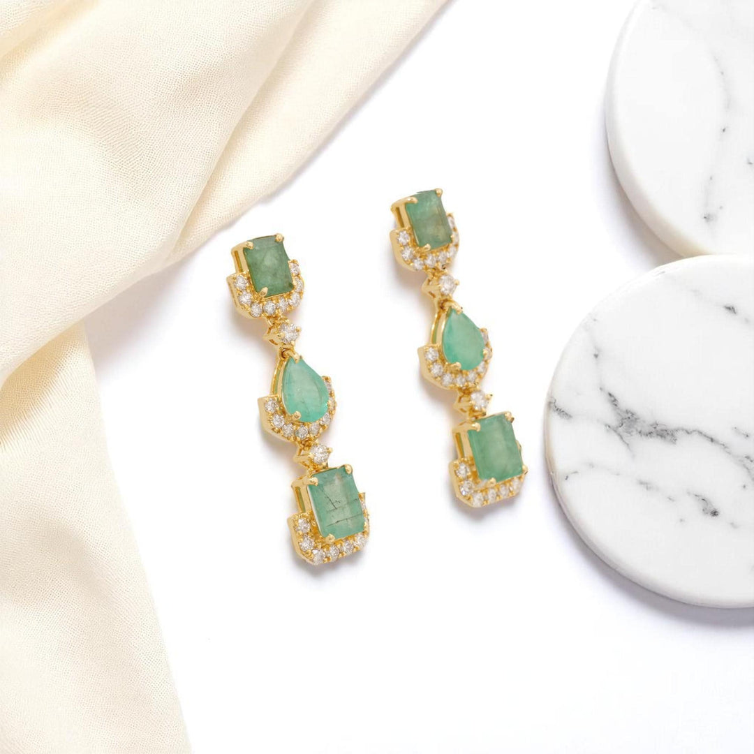 Emerald Dangle Drop Diamond Earrings, 14k Solid Gold, Natural Diamonds, Pear & Emerald Cut Gemstone Earrings, Cocktail Statement Jewelry