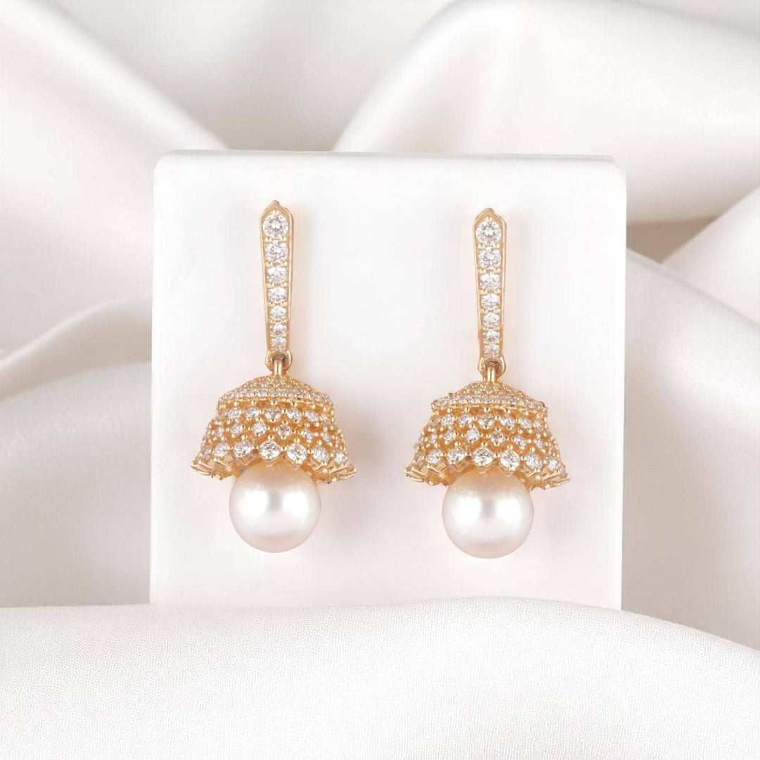 Pearl Drop Diamond Earrings, 14K Solid Gold, Natural Diamonds, Bridal Jhumka Earrings, Dome Drop Statement Jewelry, Cocktail Party Gift