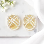 Load image into Gallery viewer, Oval Rutile Quartz Earrings, 14k solid Gold, Natural Diamonds, Golden Gemstone Studs, Crisscross Cabochon Studs, Cocktail Statement Jewelry

