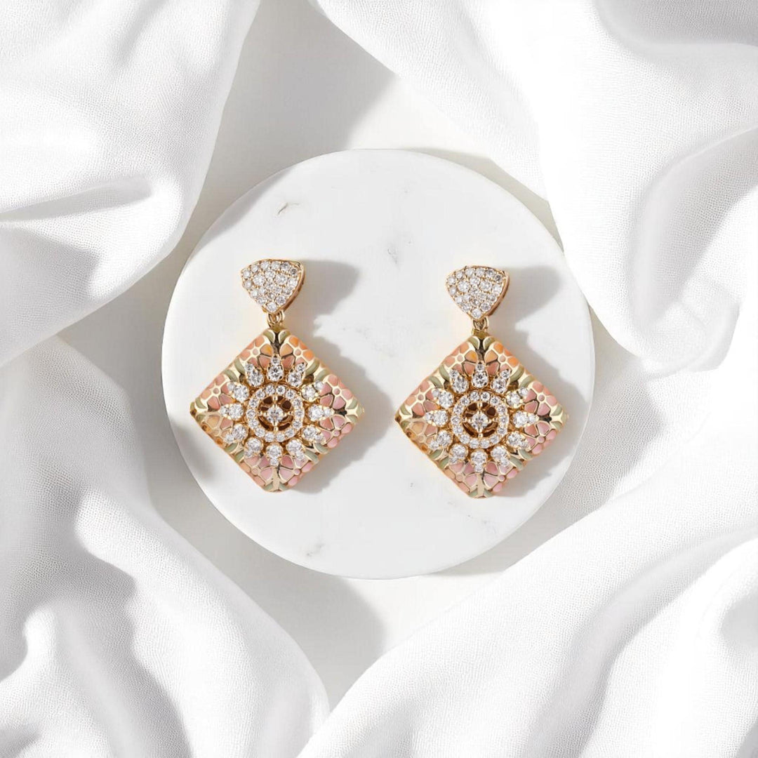 Floral Diamond Dangle Earrings, 14k Solid Gold, Natural Diamonds, Honeycomb Square Enamel Drops, Cocktail Statement Jewelry