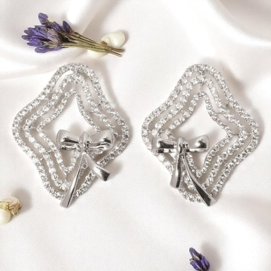 Bow Diamond Stud Earrings, 14k Solid Gold, Natural Diamonds, Halo Layered Earrings, Statement Cocktail Earrings, Ribbon Inspired Jewelry